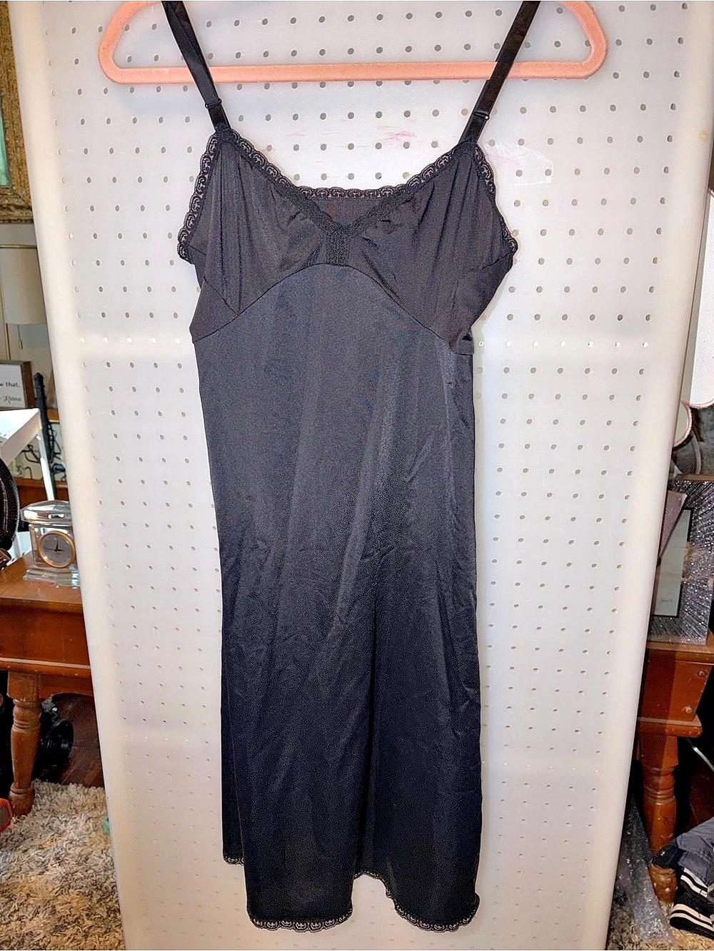 Shadowline Vintage Black Lace Trim Nylon Full Slip Size 34